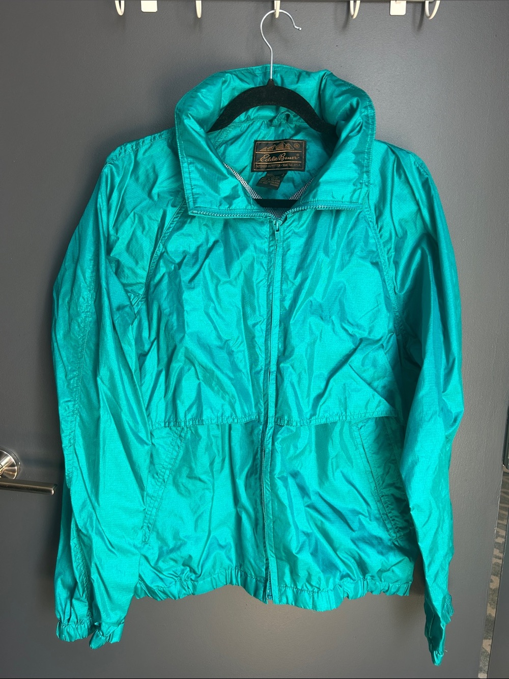 Eddie Bauer Turquoise Lightweight Zip Windbreaker with Hidden Hood